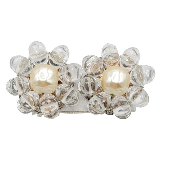 Miriam Haskell Silver Tone Faux Pearl Clear Glass Bead Clip On Earrings Signed